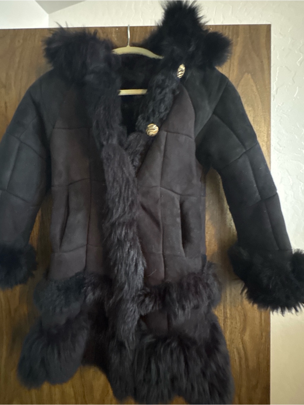 Kids Black Real Fur Trim Puffer Coat